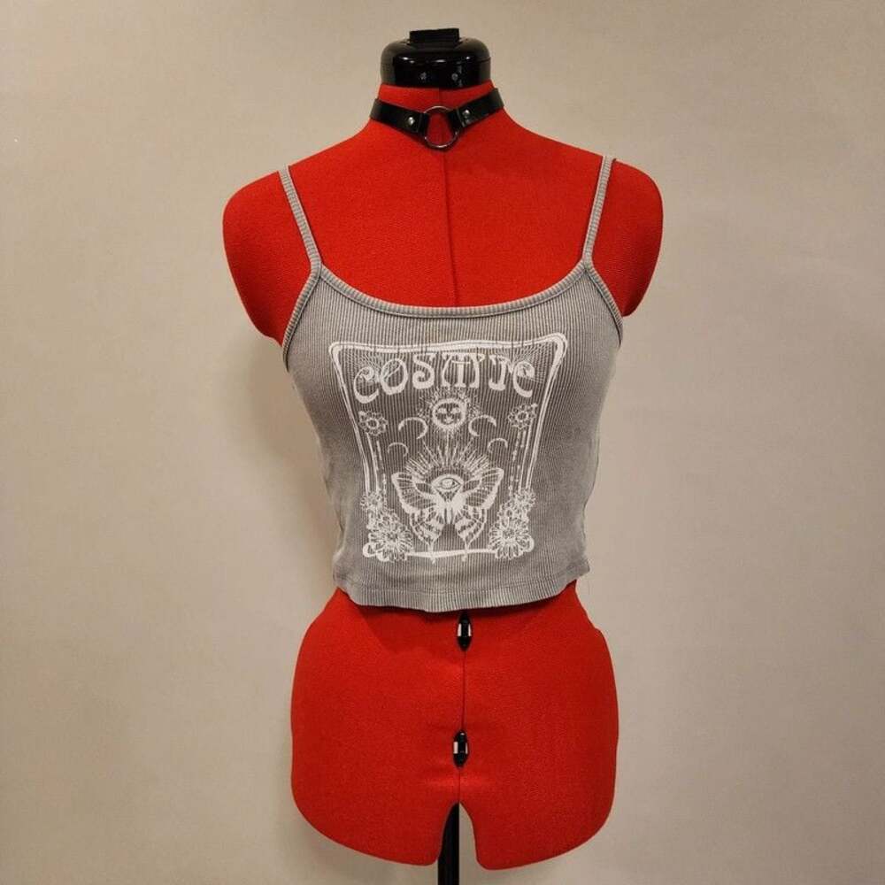 Grey Cosmic Butterfly Graphic Ribbed Crop Tank Top W Adjustable Straps Y2K Grung
